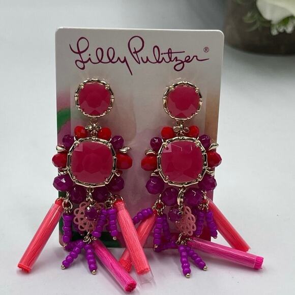 LILLY PULITZER Waterside Earrings Kitschy Coral Pink Crystal Pierced Dangle New - Picture 1 of 10